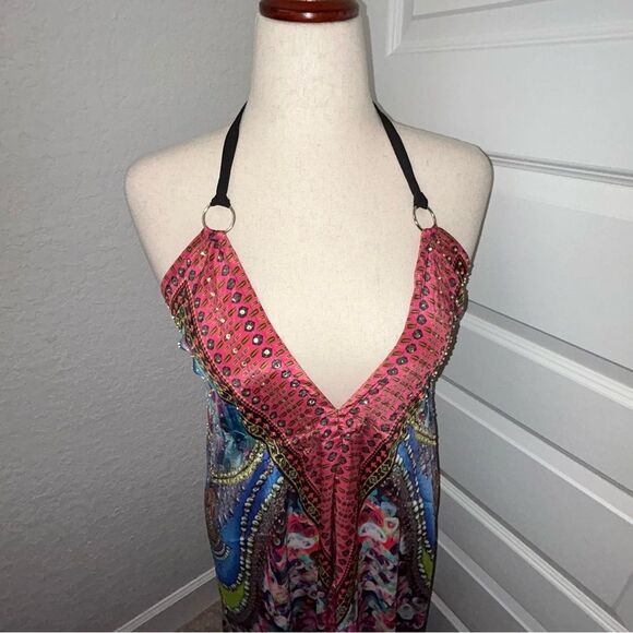 Halter Open Back Asymmetrical Sequins Embellished Mix Print Maxi Dress - Picture 2 of 12